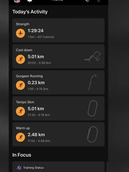 A breakdown of a day's activity, including a strength session, a tempo run, and a cool down. Tracking each component helps me understand the total training load.
