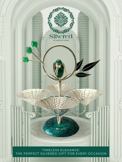 A timelessly elegant multi-tiered server from our Silvered Collection. Featuring malachite accents and a delicate bird motif, it is the perfect silvered gift for any occasion.
