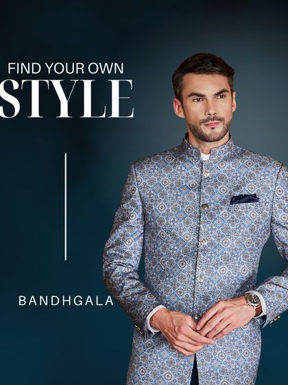 A promotional graphic defining the Bandhgala style. It showcases a classic patterned version, emphasizing its place as a cornerstone of men's ethnic fashion.