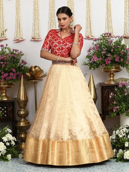 A different blouse option for the beige silk lehenga, this one featuring a collared neck and full embroidery for a more formal, structured look.