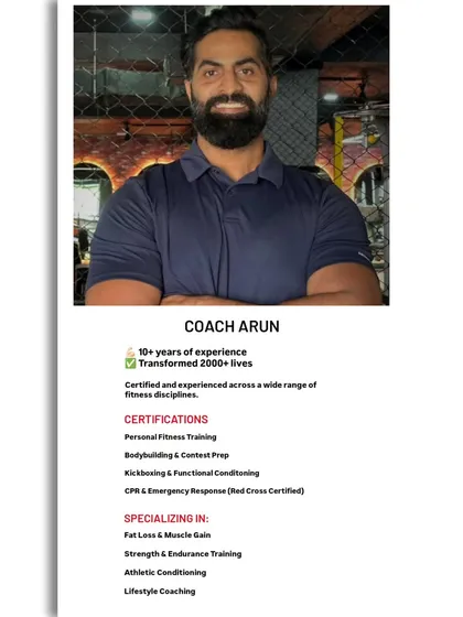 Meet Head Coach Arun. With over 10 years of experience and multiple certifications in personal training, kickboxing, and functional conditioning, he is the force behind our transformations.