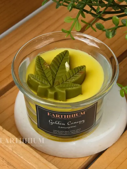 My 'Golden Canopy' candle features a wax cannabis leaf, a unique design for a modern aesthetic.