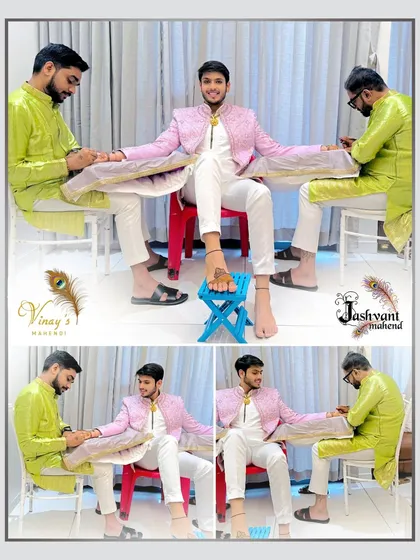 Here I am with my partner, Jashvant, doing what we love most. This is a glimpse into our process as we apply a detailed portrait mehndi for a groom, working together to create a masterpiece.