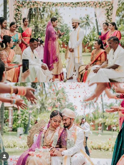 A collage capturing the beautiful moments of a 'Mantra Maangalya' wedding, a progressive ceremony envisioned by Kuvempu. We were honored to provide the decor for this meaningful union that transcends caste and religion.