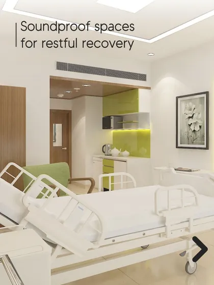 This soundproof patient room is designed for restful recovery. The design incorporates acoustic materials and a layout that minimizes noise, creating a serene environment essential for healing.