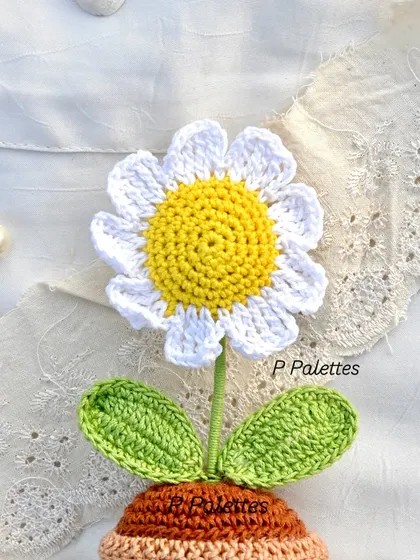 A close-up of our sweet potted crochet daisy. The clean white petals and sunny yellow center bring a fresh, happy vibe.