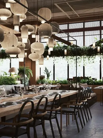 I also design commercial spaces that tell a brand's story. This 3D concept for a restaurant uses natural materials, lush greenery, and layered lighting to create an unforgettable dining ambiance.