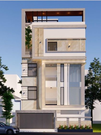 A 3D render of a modern residential elevation. This design features a striking combination of geometric patterns, stone cladding, and a rooftop terrace to create a unique and luxurious home.