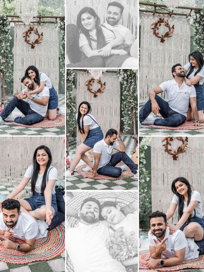 A fun and playful collage with a picnic theme. The mix of color and black and white shots captures the couple's joyful and carefree spirit in a variety of candid poses.