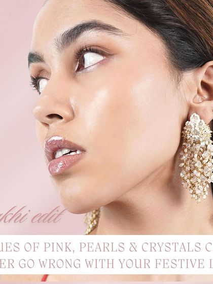 From our Rakhi edit, these earrings with hues of pink, pearls, and crystals are perfect for your festive look.