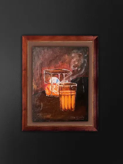 I love painting stories about simple, beautiful connections, like this piece capturing the warmth of whisky and chai. Using a darker palette and focusing on the interplay of light and smoke, I wanted to create a moody, intimate atmosphere. This is an example of the still life commissions I create.