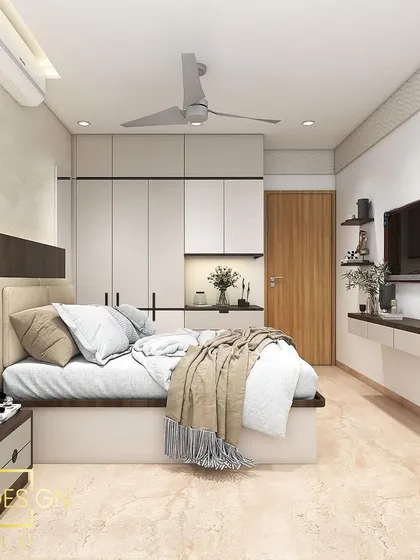 3D render for a guest bedroom in Powai. The design focuses on maximum space utilization with a clean, modern aesthetic.