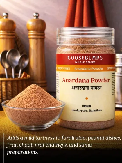 My Anardana Powder, made from dried pomegranate seeds, adds a mild tartness to farali aloo, peanut dishes, and vrat chutneys. It's an essential spice for flavourful fasting food.