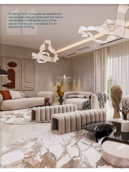 We believe design is composing an experience. This living room uses texture, tone, and line to tell the story of the space, making it an expression of living.