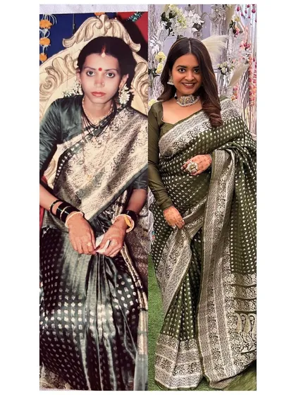 This is me, wearing my maa's wedding saree 35 years after she first wore it. My love for style and heritage comes from her, and restyling heirloom pieces like this is one of the most personal and fulfilling parts of what I do. It’s about connecting generations through fashion.