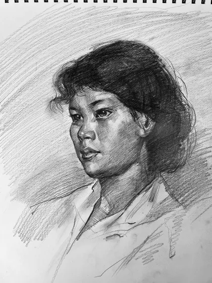 A pencil portrait sketch from an online workshop. Before we paint, we must learn to draw, focusing on structure, values, and expressive shading to capture a subject's presence.