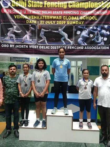 The winners' podium for the girls' U-12 Foil event at the Delhi State Championship, with our fencer Charvi winning Gold.