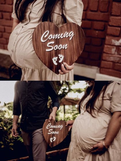 A collage focusing on the "Coming Soon" sign, held by the couple in a beautiful outdoor setting. It highlights both their connection and the exciting news.