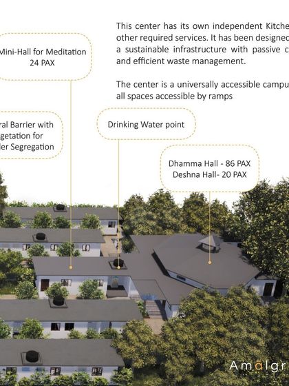 This render highlights key features of the meditation center, including the main Dhamma Hall, a mini-hall for smaller groups, and natural vegetation barriers used for gender segregation, ensuring privacy and focus.