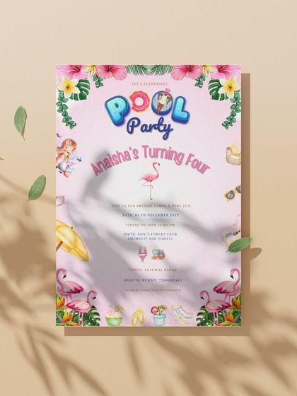 A bright and cheerful look at the flamingo-themed pool party invitation. The playful design and sunny colors are perfect for getting guests excited for a child's birthday celebration.