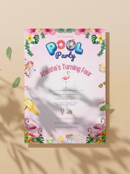 A bright and cheerful look at the flamingo-themed pool party invitation. The playful design and sunny colors are perfect for getting guests excited for a child's birthday celebration.