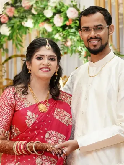 An artistically designed album page featuring a portrait of the couple. We use subtle graphic elements to enhance the photos without distracting from the main subjects.