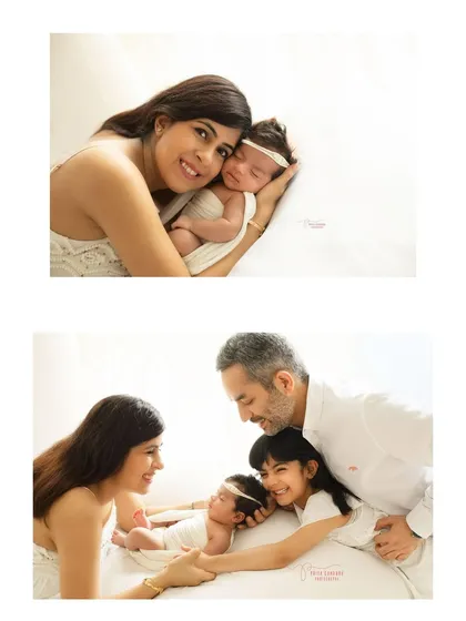 A collage of a family of four, showing the parents and older sister doting on the newest arrival. These lifestyle shots capture the connection and joy of a growing family.