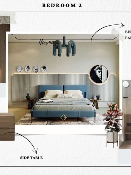 A mood board for a second bedroom, featuring a bed wall with paneling and cove lighting, a wardrobe in wooden laminate, and a dedicated study unit. The design aims for a balance of style and functionality.