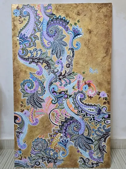 This oriental-inspired paisley artwork is now available for purchase. The intricate patterns are set against a textured gold background, adding a touch of elegance and artistry to your space.