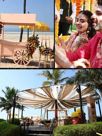 The beachside Haldi at ITC Goa featured charming details like a floral cart, creating a picturesque and relaxed atmosphere for the celebration.