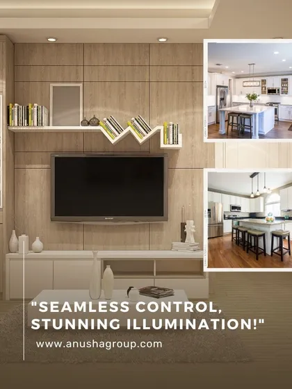 Seamless control and stunning illumination are the hallmarks of our work. This image shows how our systems integrate into a living room and kitchen, providing effortless control over the entire open-plan space.