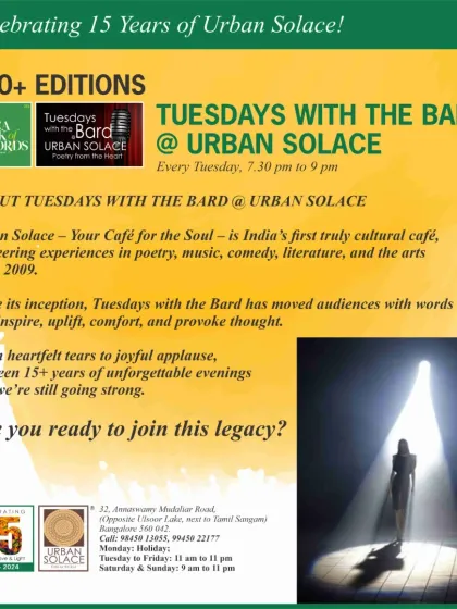 This poster tells the story of 'Tuesdays with the Bard', a 15-year journey of unforgettable evenings that have moved audiences with words that inspire, uplift, and provoke thought.