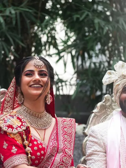 A candid, happy moment of the couple during their Sindhi wedding ceremony.