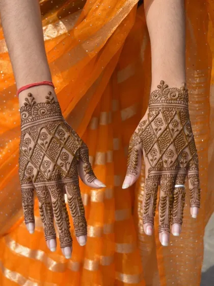 A beautiful, clean shot of a traditional jaal pattern on the back of the hands. The design is elegant and timeless, perfect for any festive occasion.