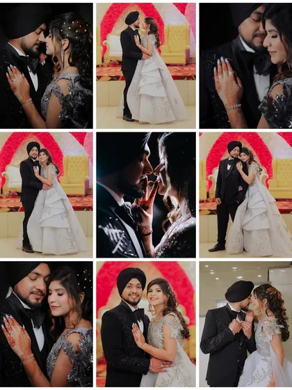 A collage showcasing a variety of moments from the engagement ceremony, from romantic portraits to full length shots, giving a complete story of the event.