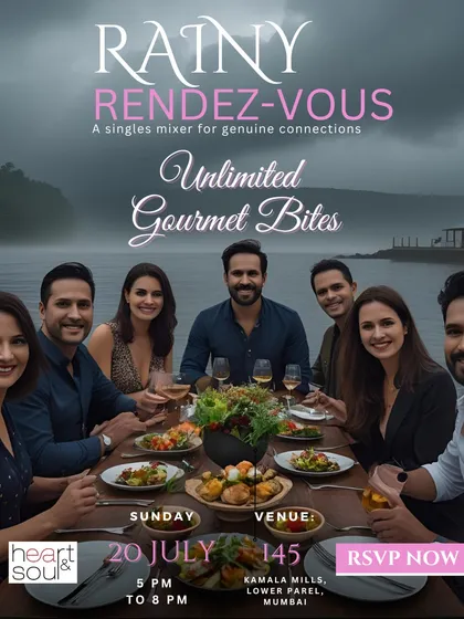This poster emphasizes one of the key features of my mixers: unlimited gourmet bites. It's important to me that guests feel well taken care of while they mingle.