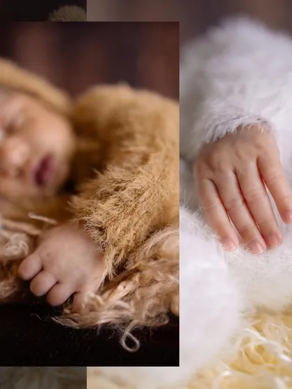 A detailed collage focusing on the tiny hands of two sleeping newborns. This artistic shot emphasizes the delicate and precious nature of a baby in their first few days.