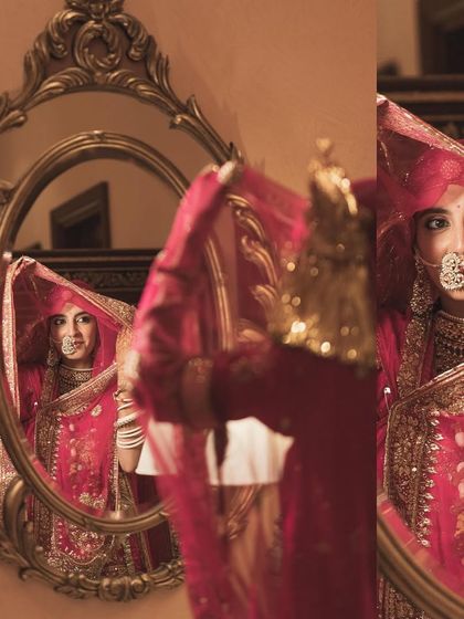 A creative split-shot of the bride's reflection, capturing the magic and tradition of her heritage wedding day.