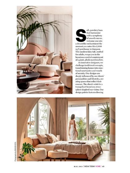 A full-page spread in India Today HOME capturing the essence of the living and bedroom spaces in the "Marshmallow" penthouse.