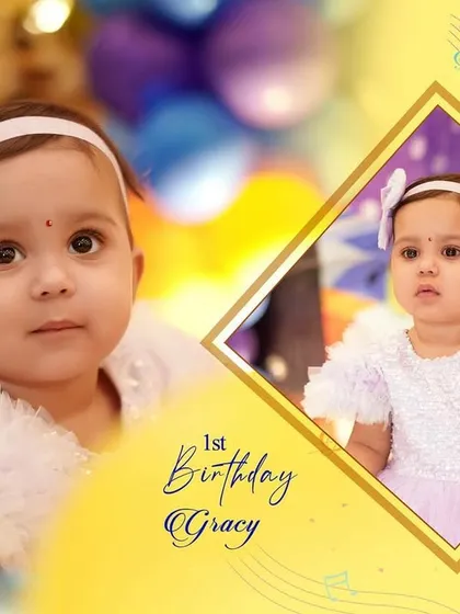 We offer custom album designs to tell the story of your child's first birthday. This layout combines a beautiful close-up portrait with another candid shot from the party.