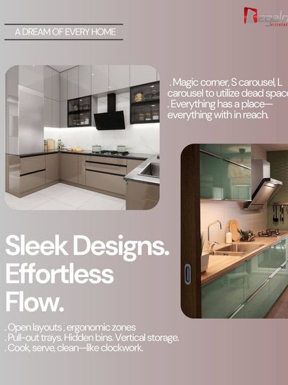Sleek designs, effortless flow. This ad explains how our open layouts, ergonomic zones, and smart storage solutions like magic corners and pull-out trays create a kitchen that works like clockwork.