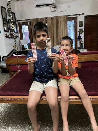 My grandkids, ages 9 and 5, spending their vacation time learning hand embroidery. The elder one said he felt calm and productive, while the younger one declared himself an artist.