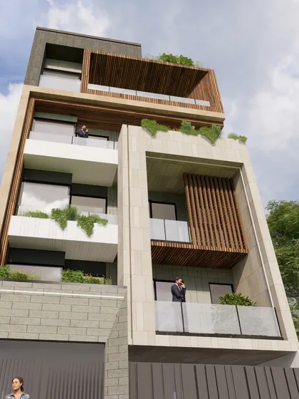 A contemporary bold facade concept with earthy textures. The design combines rough stone blocks on the ground floor with smooth plaster and vertical wooden louvers on the upper levels, creating a rich material palette.