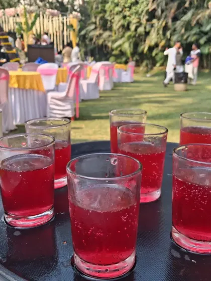 Refreshing welcome drinks ready to be served at a haldi and wedding event in Uran. A cool drink is the perfect start for guests arriving at the celebration.
