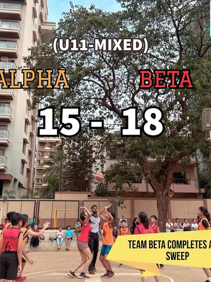 Game update from Hooplah '24, showing the final score of the U-11 mixed game where Team Beta completed a 3-0 sweep.