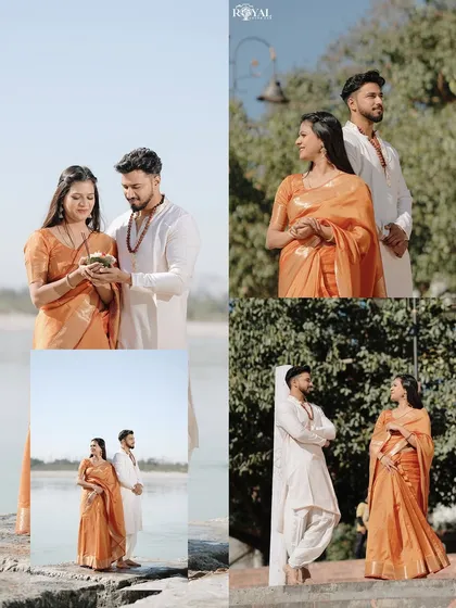 A four-panel collage of a couple in matching orange and white ethnic wear, enjoying spiritual and romantic moments at the ghats.