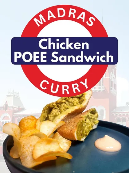 Here is my Madras Curry Chicken Poee Sandwich, a true fusion of flavors. I bake the traditional Goan Poee in-house and stuff it with an aromatic Madras-style chicken curry. It’s a little bit of Mumbai, a little bit of Madras, and a whole lot of delicious.
