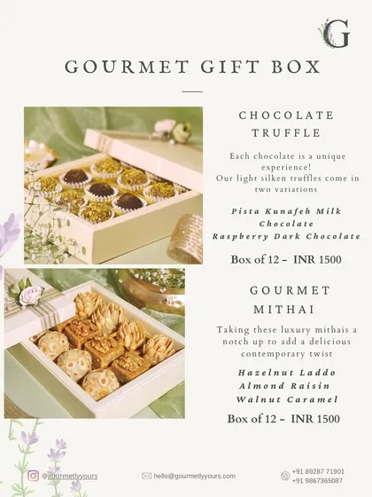 A breakdown of our Gourmet Gift Box contents for Diwali. This includes our Chocolate Truffles and Gourmet Mithai, with flavor variations and pricing.