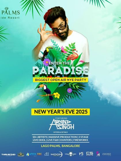 Announcing the biggest open-air New Year's Eve party in Bangalore at Lago Palms Resort. I'll be headlining a massive two-stage event with over ten artists.