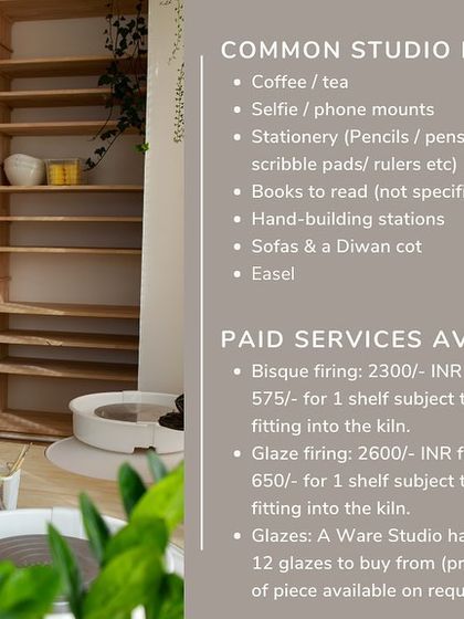 A list of the common studio inclusions and paid services available at our community space, from coffee and tea to kiln firing and glazes.